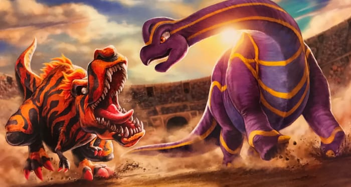 promotional art for fossil fighters, featuring t-rex and brachiosaurus